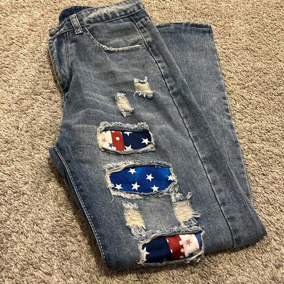 Women’s Patriotic Americana Blue Jeans‎ Denim 8 10 (30 waist) Rugged Frayed M - Picture 16 of 16